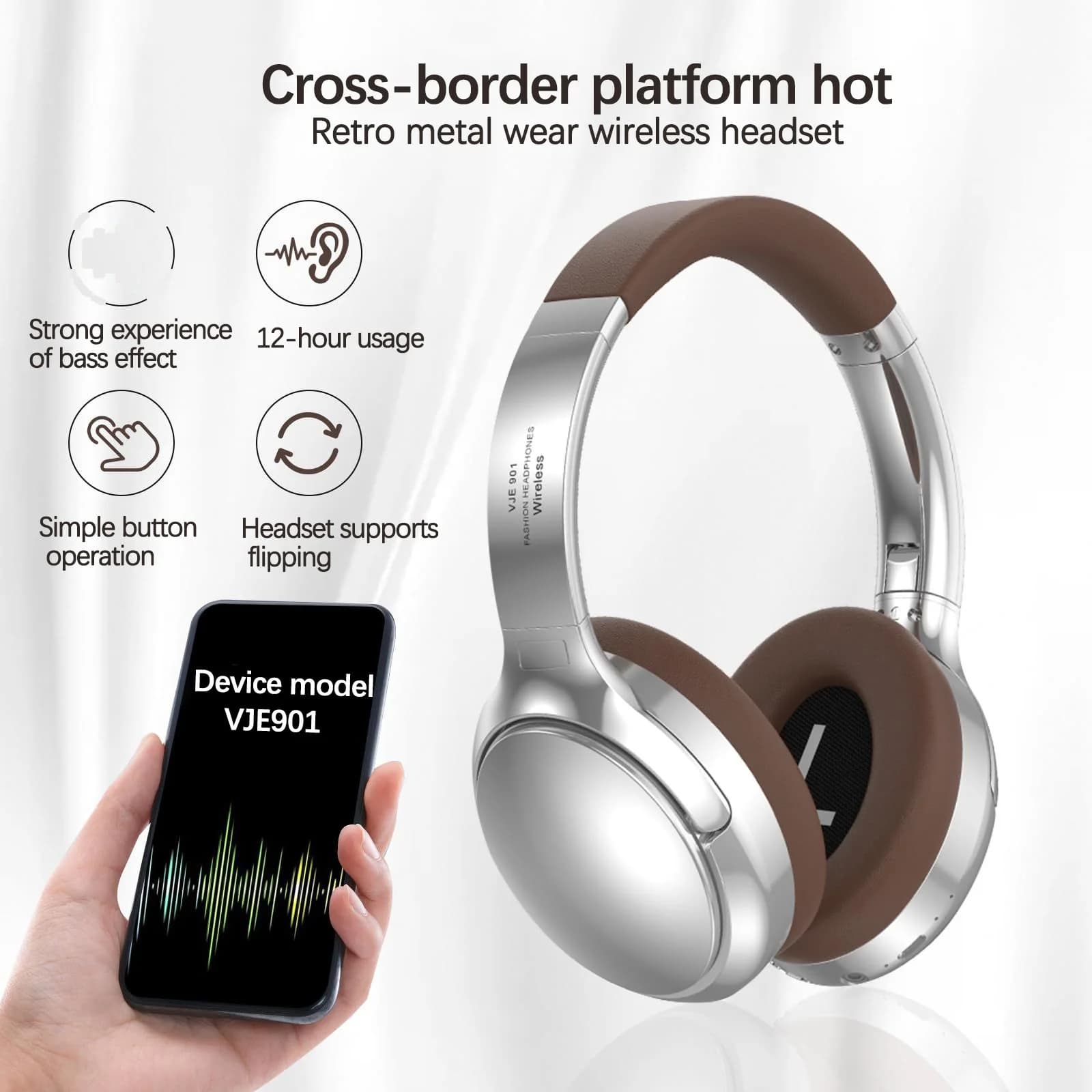 Ретро безжични Bluetooth слушалки тип „околоушни“, стерео, с микрофон
