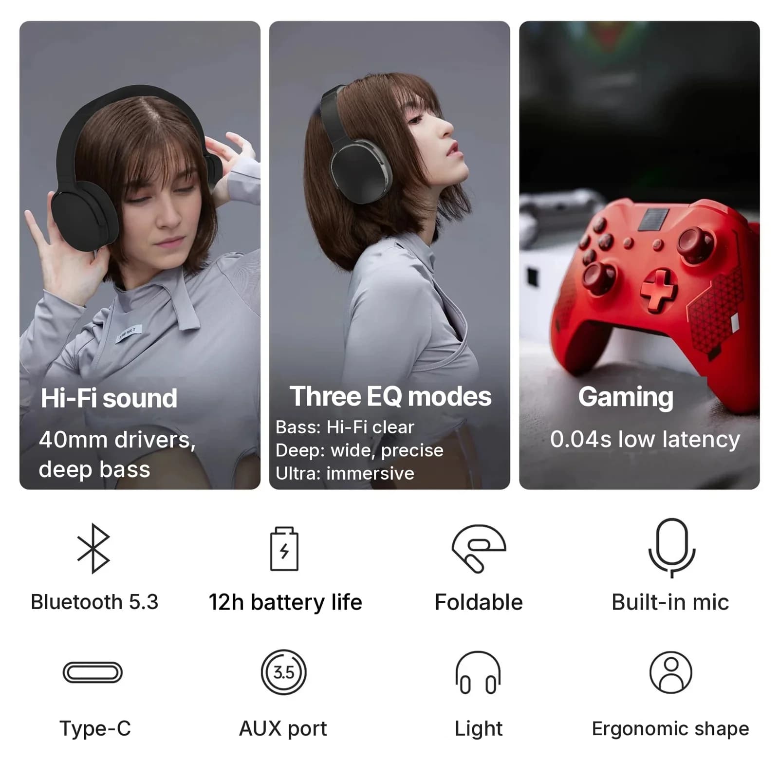 Безжични Bluetooth слушалки тип „на глава“ с три EQ режима и микрофон