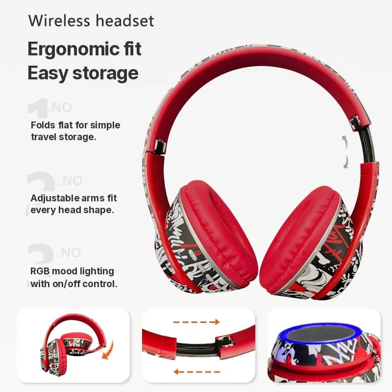 Графити Bluetooth слушалки над ушите със LED светлини и дълбок бас